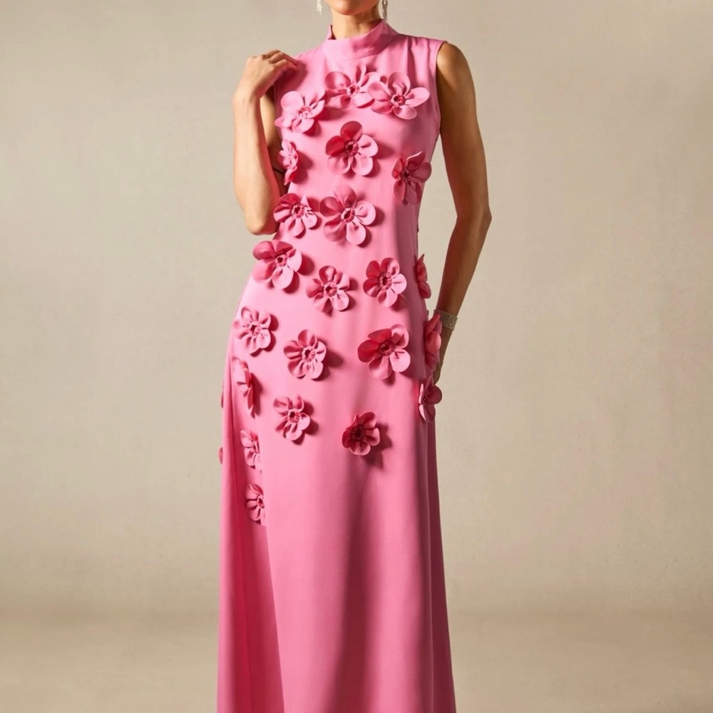 Pink Floral Appliqué Maxi Dress